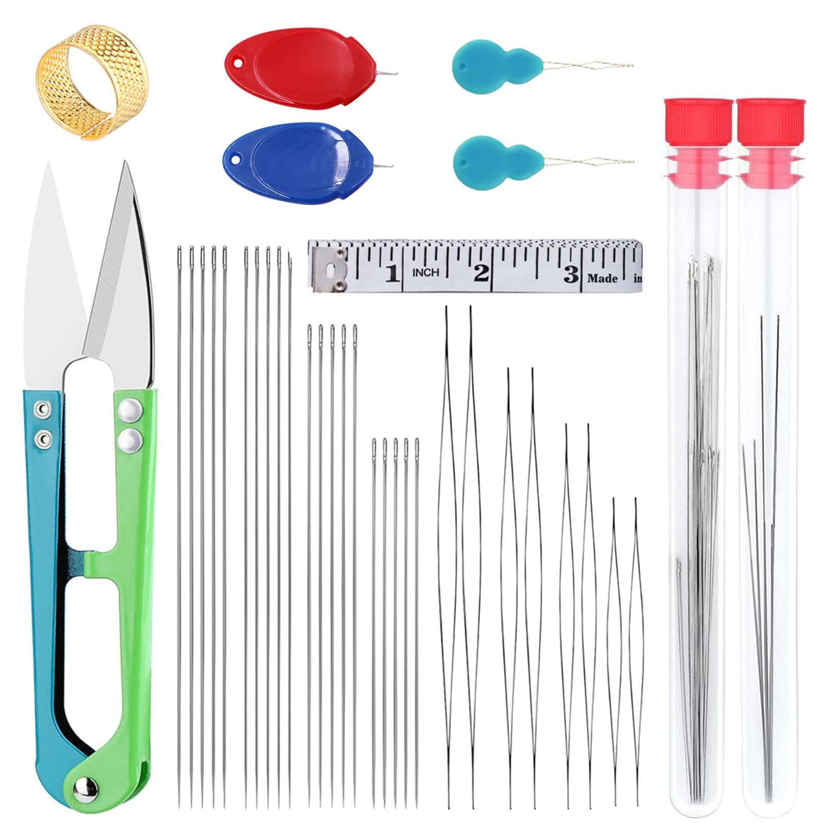 36Pcs Beading Needles Set - 4 Size with Seam Rippers, Threaders, Soft Measuring Tape, Thimble, for Jewelry Beading Supplies