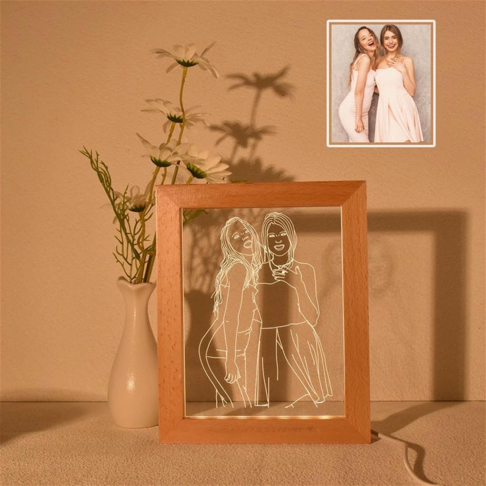 Plaque LED personnalisée avec cadre en bois et photo veilleuse chaude S2