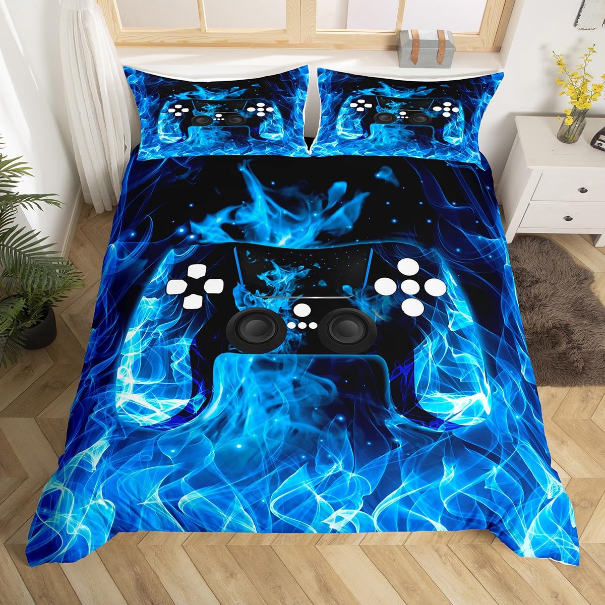 Parure de lit jeu vidéo enfant comprenant housse de couette manette de jeu bleu lit 1 personne