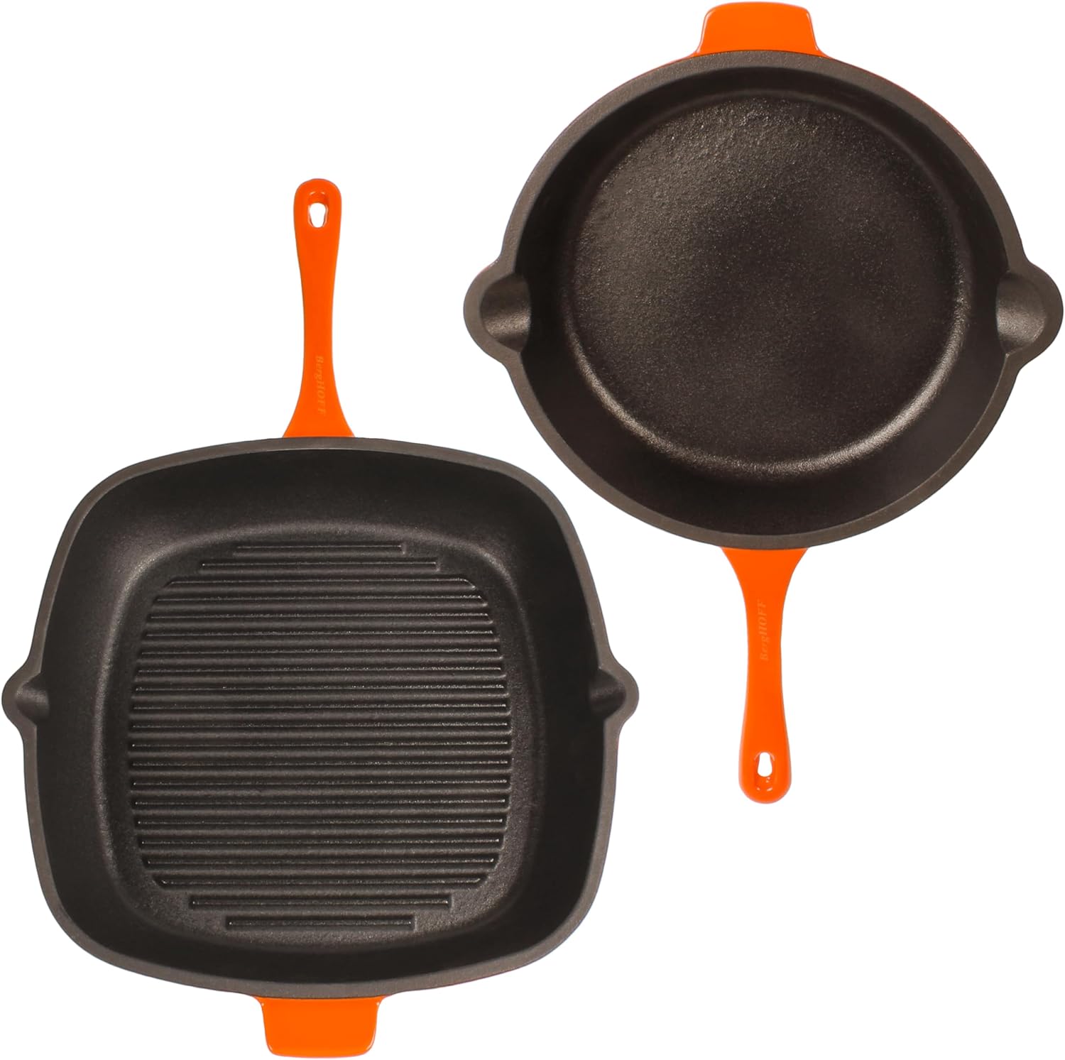 BergHOFF Neo 4Pc Enameled Cast Iron Cookware Set, Grill Pan 11 inches, Fry Pan 10 inches, 3qt. Dutch Oven, Matching Lid, Fast, Evenly Heat, Oven Safe (Orange)