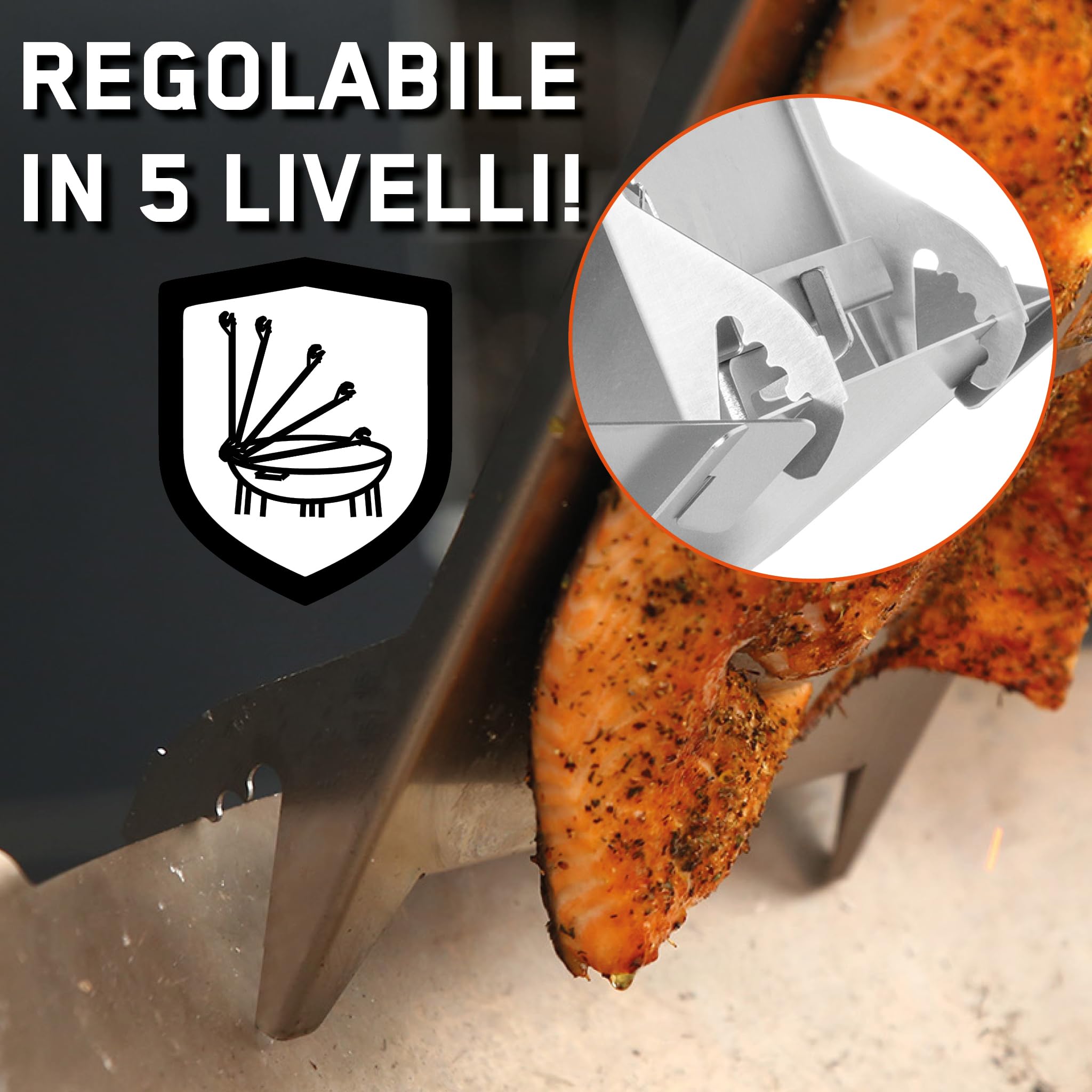 FENNEK Supporto per Salmone in Acciaio Inox per braciere e Barbecue a Sfera, con Speciale meccanismo di serraggio, Perfetta Alternativa al Tagliere per Salmone di Fiamma, Made in Germany