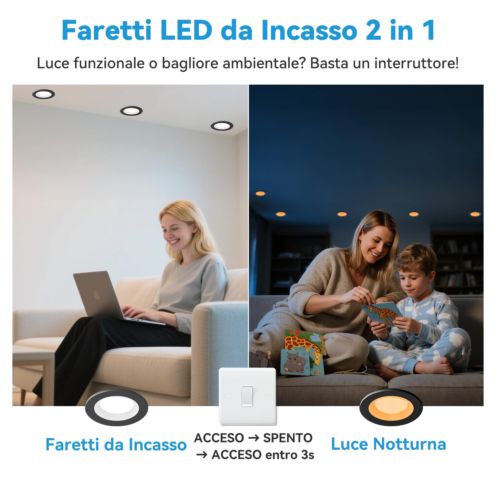 KEELED Faretti LED da Incasso per Cartongesso con Luce Notturna, 6W, 3 Colori Selezionabili 3000K/4000K/6000K, 230V, Foro 70-85mm, Nero, Confezione da 6