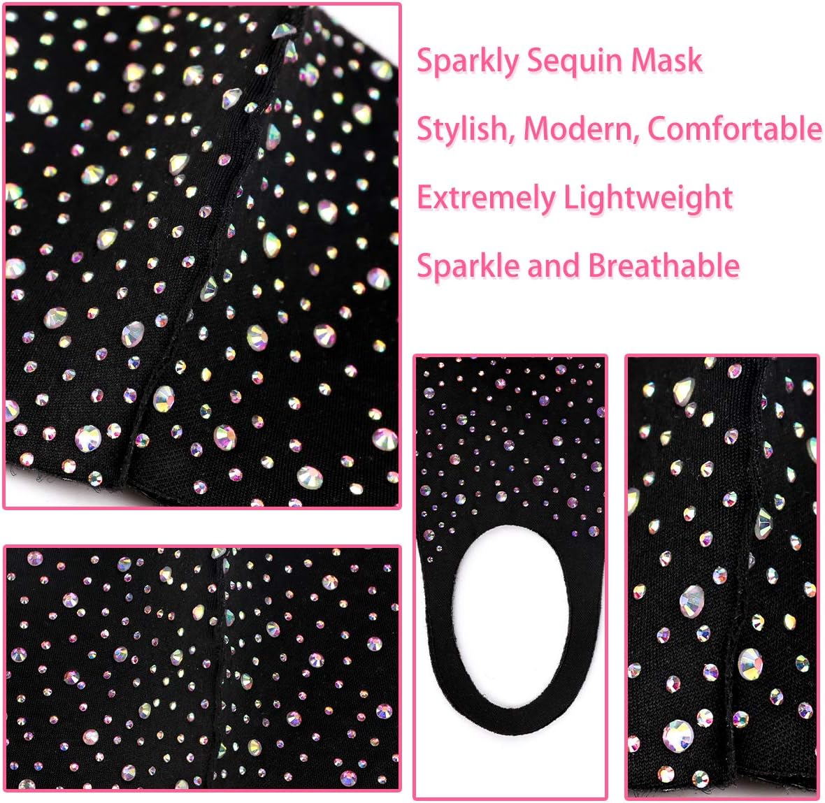 Rhinestone Sequin Bling Face Mask with Adjustable Ear Loops for Women Sparkle Glitter Diamond Bedazzled Crystal Decorative Fashion Pretty White Covering Washable Reusable Designer Madks