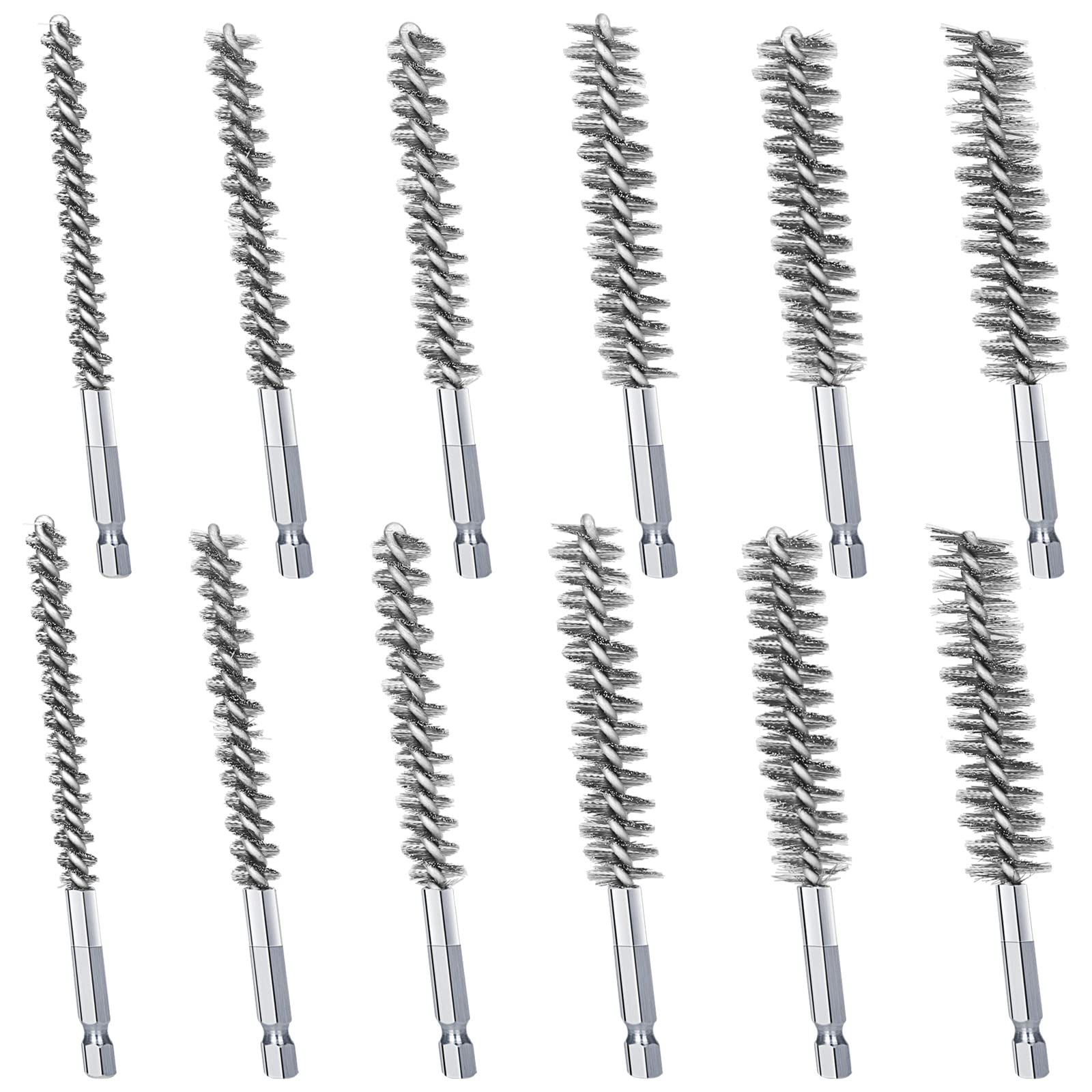 12 cepillos de acero inoxidable en diferentes tamaños, cepillo de limpieza de alambre trenzado con mango, vástago hexagonal de 1/4 pulgadas para taladro eléctrico