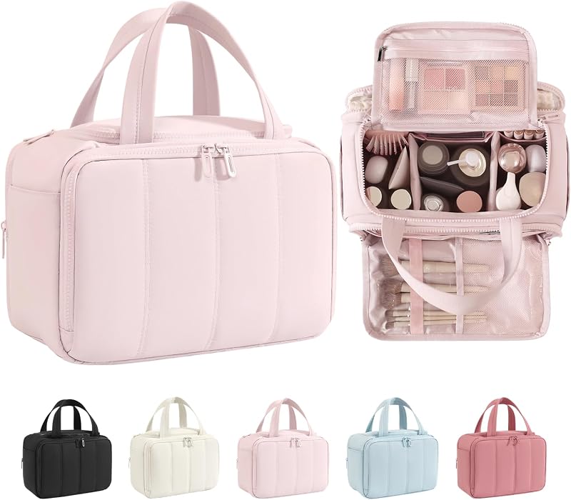 Necessaire de viagem SODEER Puffy rosa com divisórias ajustáveis e faixa para mala