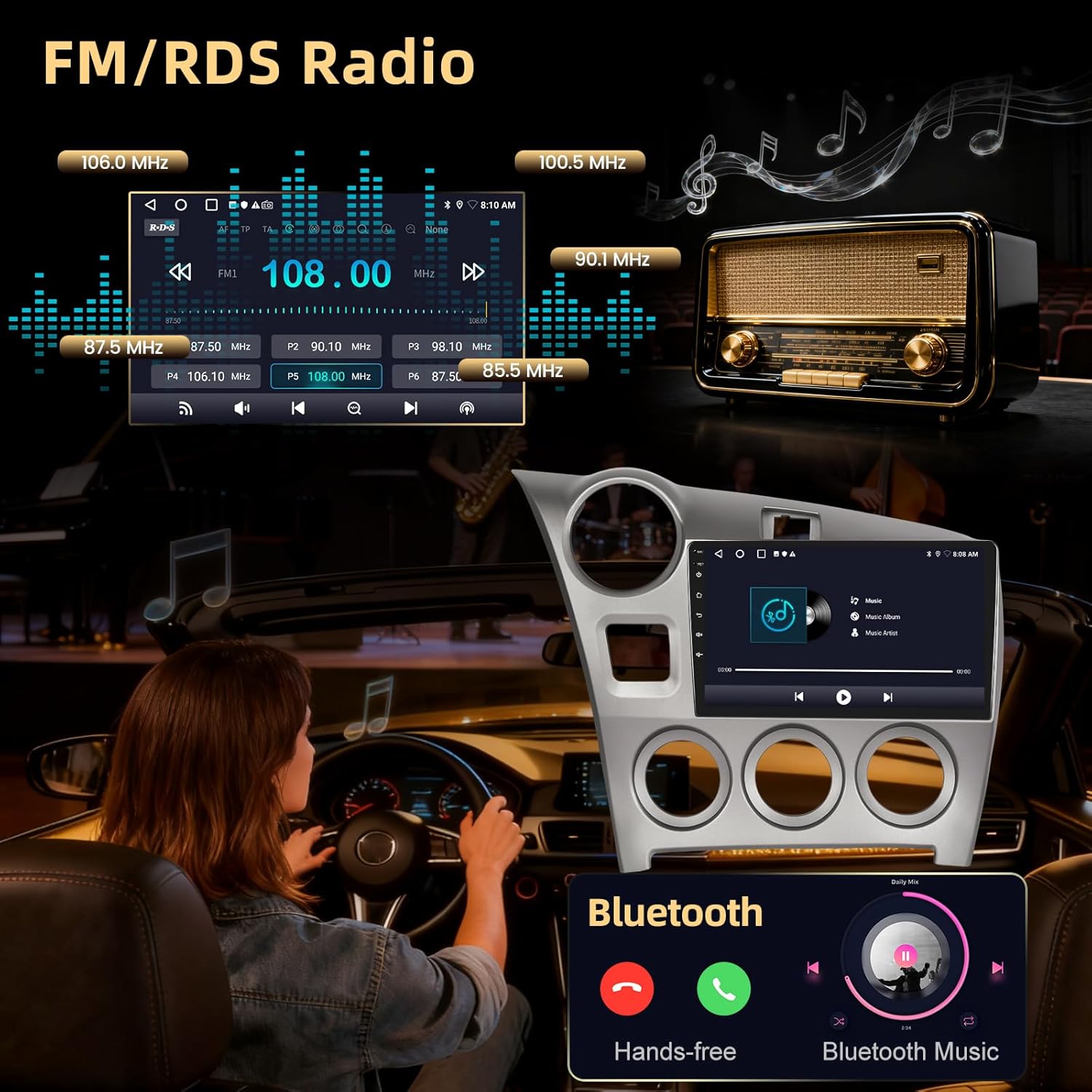 [2+64G] Android Car Stereo for Toyota Matrix 2009-2014, 9 inch HD Touchscreen Aftermarket Radio - Wireless Carplay & Android Auto, WiFi, DSP, Mirror Link, FM/RDS Radio, SWC + AHD Backup Camera