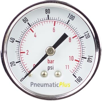 PneumaticPlus PSB20-160CP Air Pressure Gauge for Air Compressor WOG Water Oil Gas Chrome Plated 2" Dial Center Back Mount 1/4" NPT 0-160