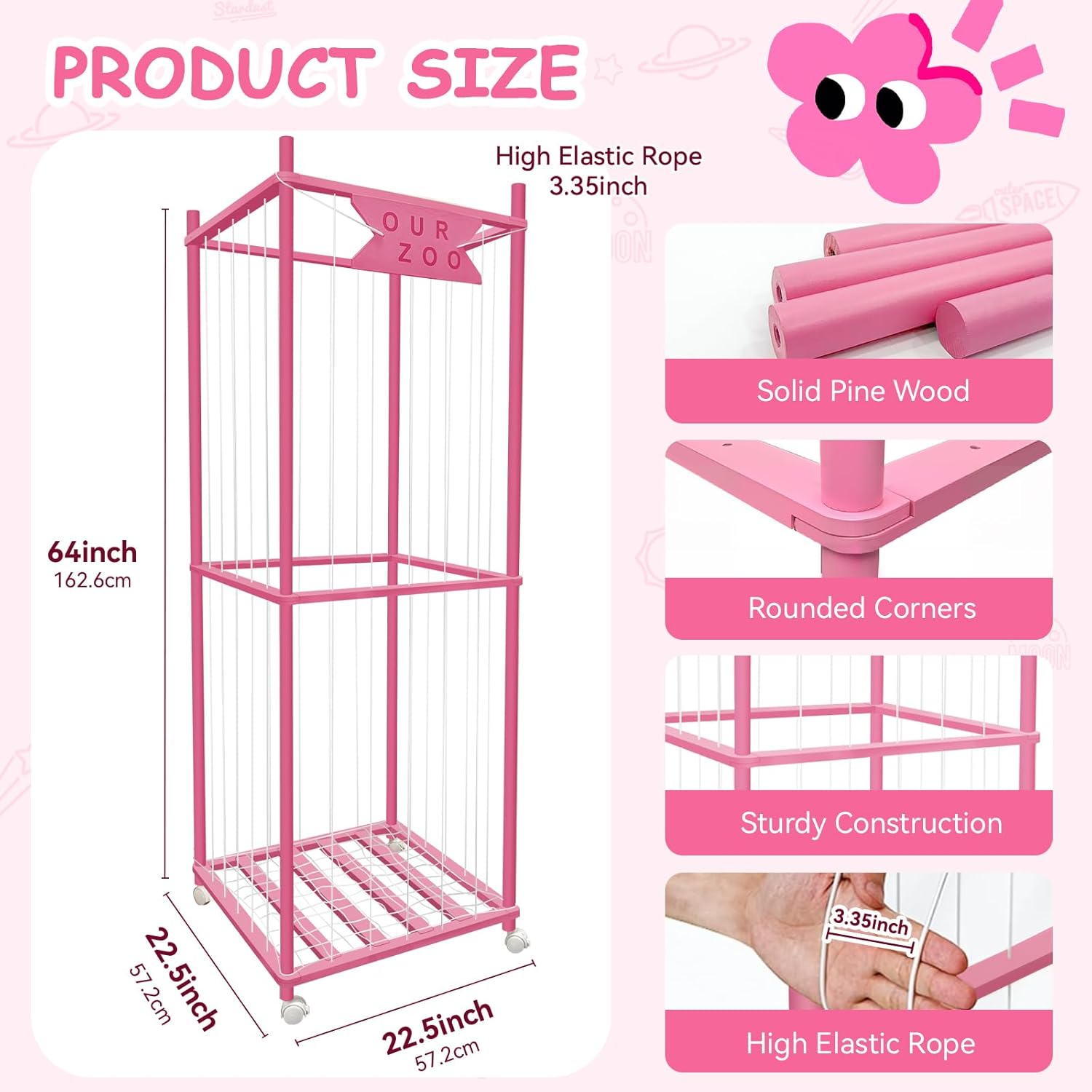 Stuffed Animal Storage Zoo with Wheels, Wooden Large Stuff Animals Plushies Holder Toy Organizer Kids Plush Storage Cage with Elastic Band and Net for Nursery Playroom Corner for Toddler (Pink)