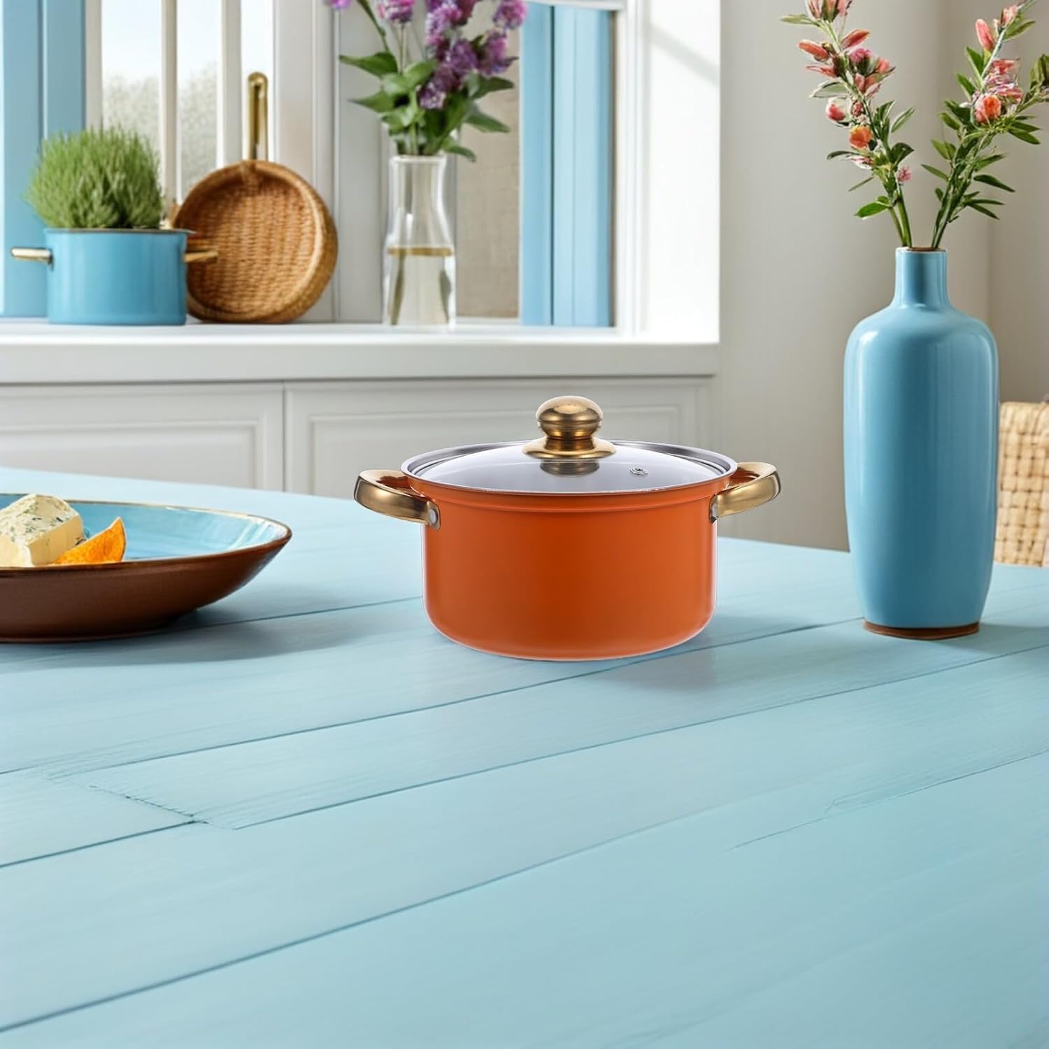 10pcs Stainless Steel Cookware Set with Stock Pot and Saucepan, Induction Compatible Kitchen Pot Set with Orange Handles, Glass Lids for Cooking Soup, Stew, and Pasta