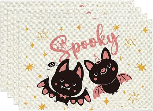 Artoid Mode Juego de 4 manteles individuales espeluznantes de Halloween, 12 x 18 pulgadas, tela de araña, araña, luna y murciélago para decoración