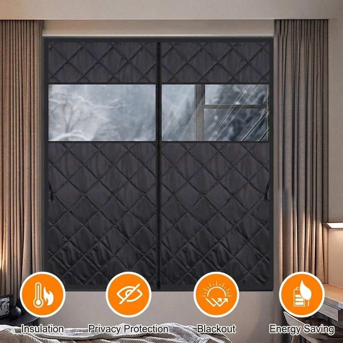 Housse Isolante Fenêtre, Kit D'isolation Thermique for D'hiver, Rideau Isolant Anti Froid en Oxford Coton pour Chambre À Coucher,Salon,Camping-Cars(Noir,220cm H x 180cm W)