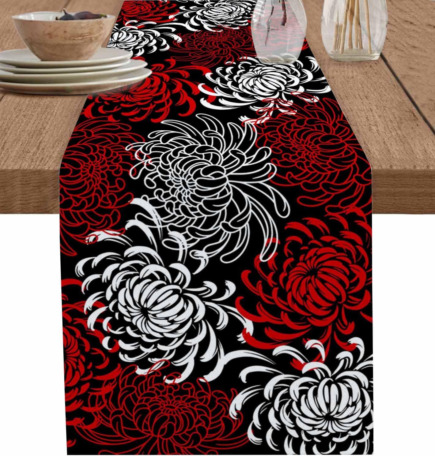 Floral Table Runner-Red Black White Cotton linen-Long 90 inche Dresser Scarves,Flower Tablerunner for Kitchen Coffee/Dining Table Bedroom Home Living Room,Scarf Decor for Summer Spring Holiday Dinner
