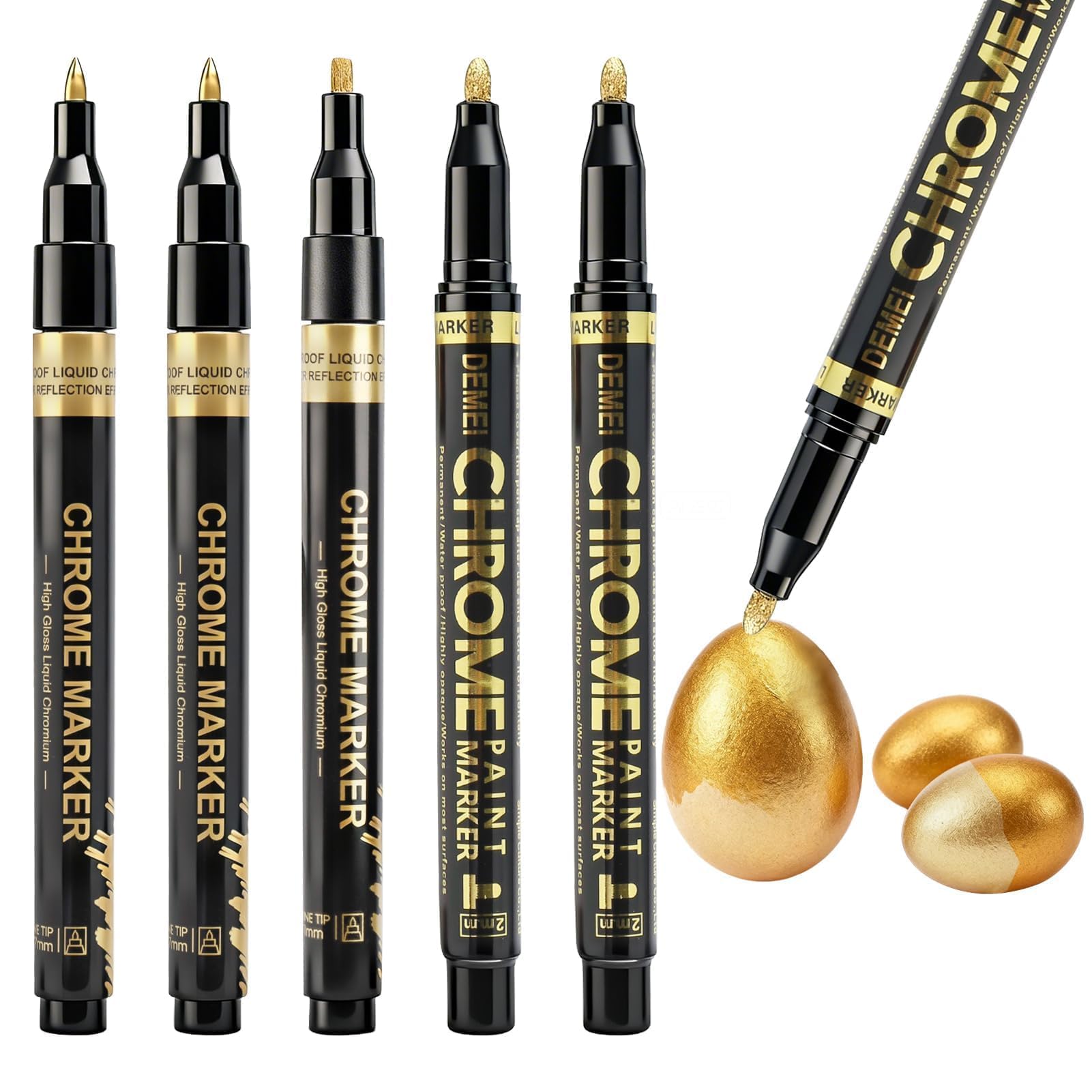 Liquid Gold Chrome Markers,5Pcs Metallic Chrome Paint Pens Waterproof Golden Metallic Marker Permanent Mirror Pens Reflective Gloss for Model Resin Glass Metal Plastic Glass Painting Repairing,3 Sizes