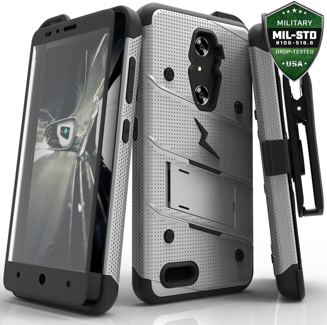 ZIZO BOLT Series compatible with ZTE ZMax Pro, Grand X Max 2, w/FREE [Screen Protector] Kickstand & Holster Clip - Gray/Black