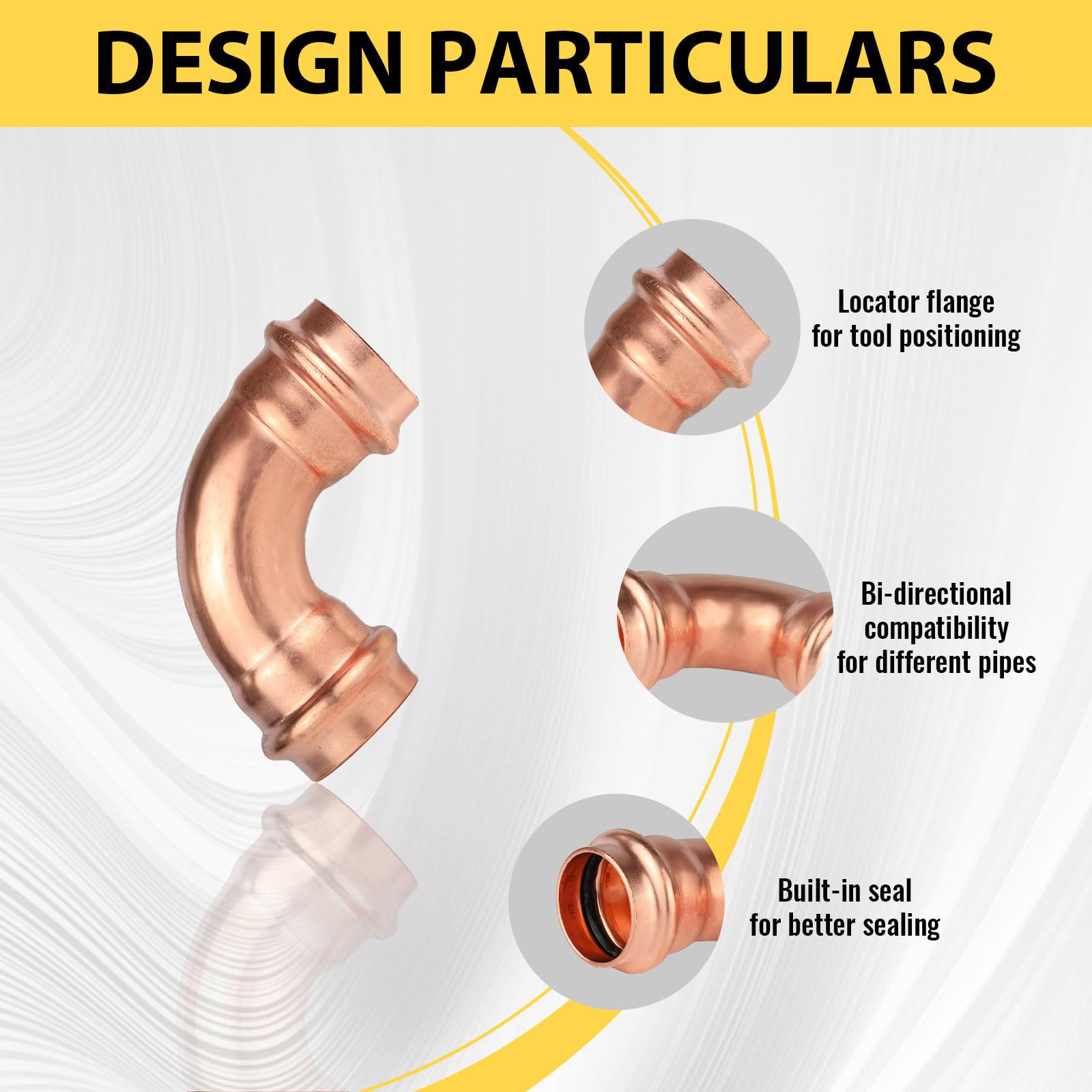 Paquete de 5 Codos de Cobre de 90 Grados Foskan de 1" x 1", conexión a presión, diseño LBP para tuberías de Cobre.