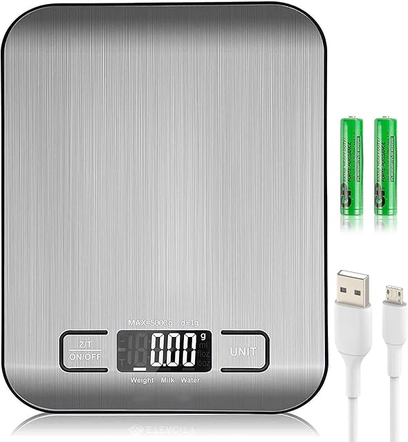 Food Kitchen Scale, Grams and Ounces, Rechargeable Digital Scale 1g/0.1oz Precise Graduation for Weight Loss, Baking, Cooking, Keto and Meal Prep, LCD Display, Medium, Stainless Steel (1G BLACK)