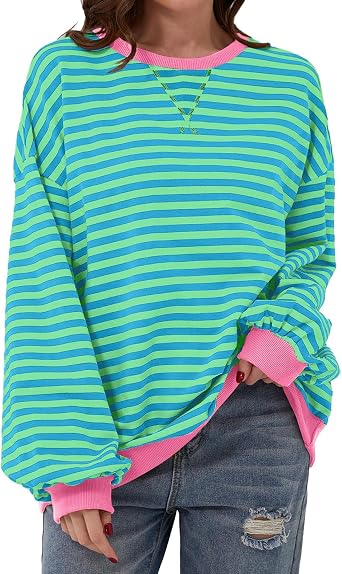 SELINK Womens Oversized Sweatshirts Striped Color Block Long Sleeve Crewneck Shirts Casual Loose Pullover Top Y2K Clothes