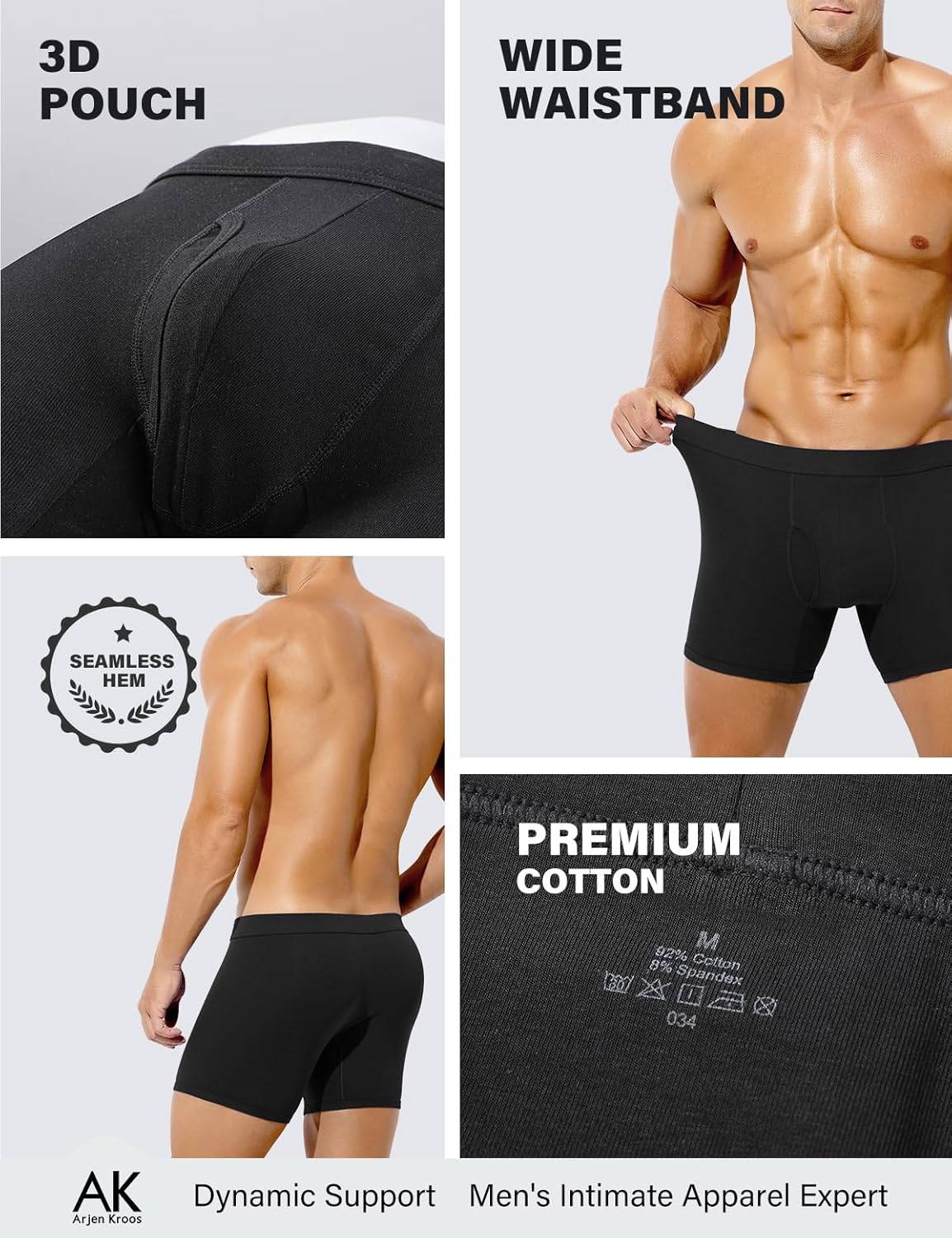 Arjen Kroos Mens Cotton Boxer Briefs Breathable Pouch Underwear with Opening Fly 3 Pack - Image 2