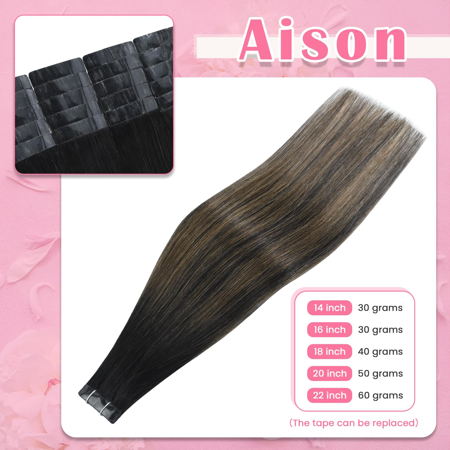 Aison Tape in Hair Extensions 1BT6P1B Natural Black to Chestnut Brown 100% Remy Human Hair Extensions Silky Straight for Fashion Women 20 Pcs/Package(22Inch #1BT6P1B 60g)