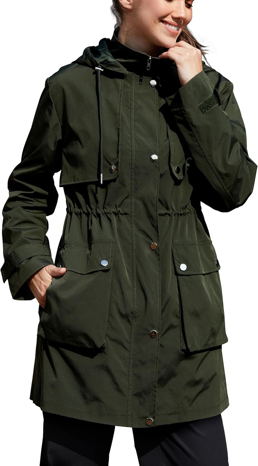 PESION Women's Waterproof Long Rain Jacket Lightweight Raincoat Lined Windbreaker Trench Coat for Outdoor Travel Hiking