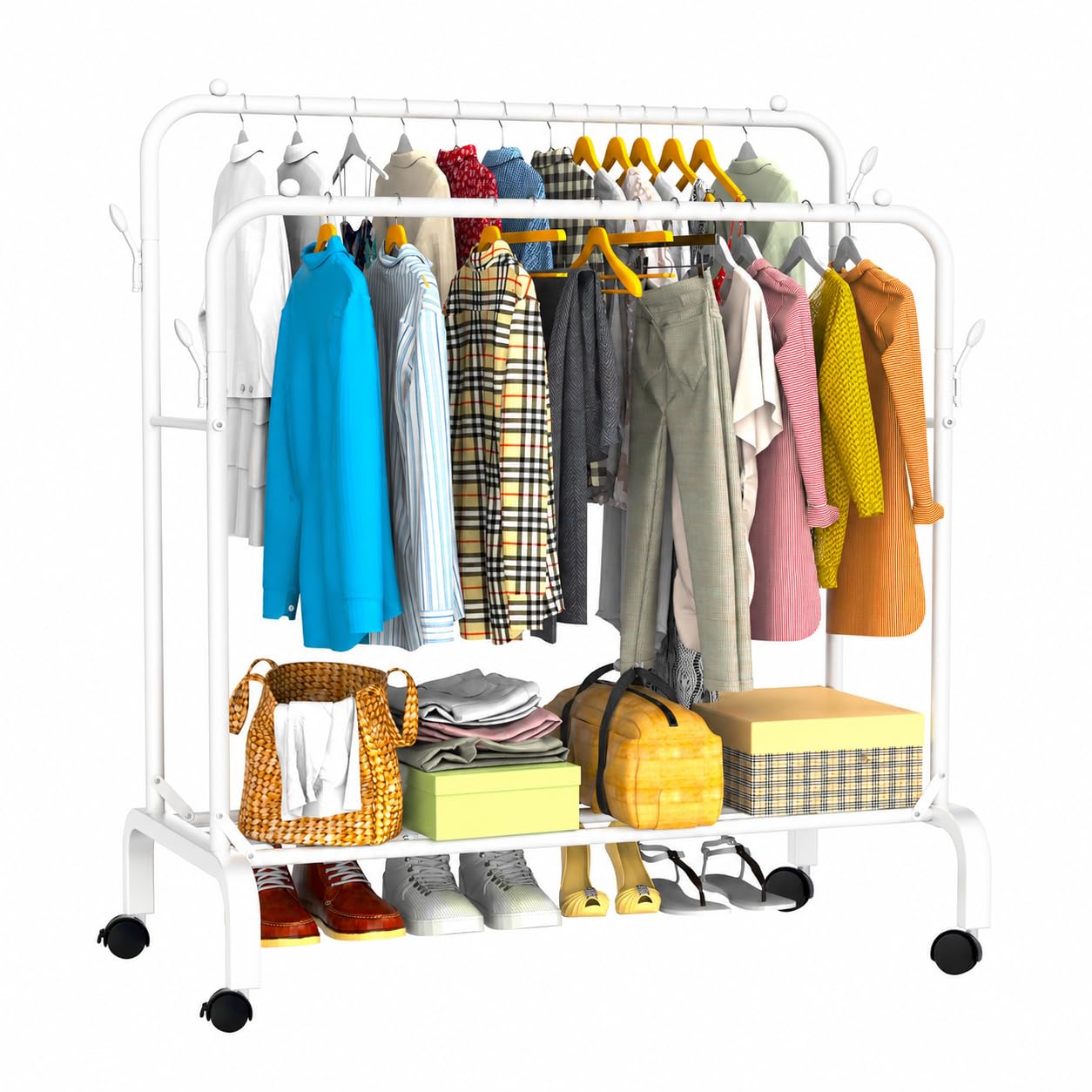 YasTant Heavy Duty Clothes Rail for Bedroom, 110 × 55 × 145cm Sturdy Hanging Clothes Rack for Garments, Double Metal Clothing Rail with Storage Shelf, Max 95 kg (White with Wheels)
