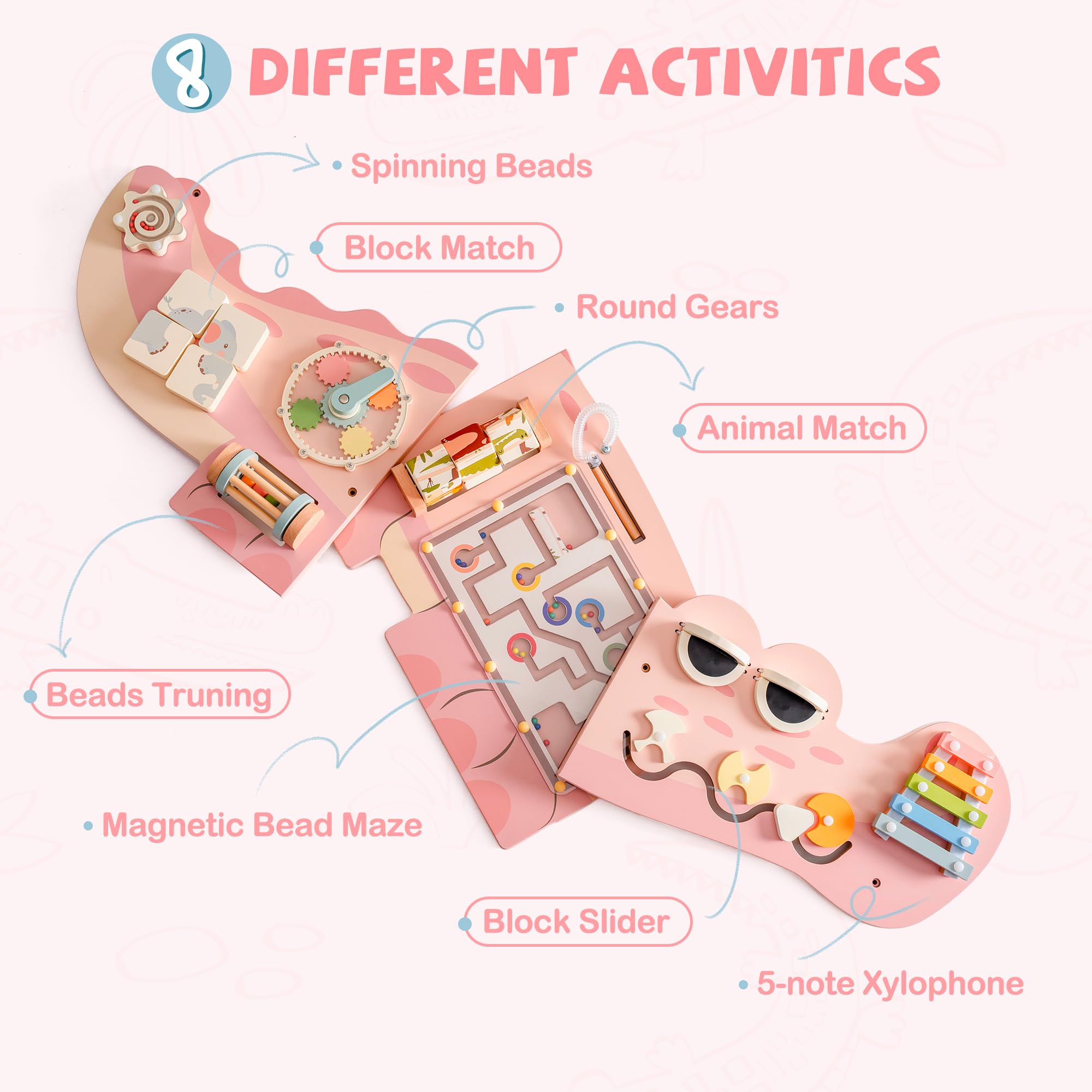 Paneles de pared de tablero de cocodrilo para niños pequeños, tablero de actividades sensoriales Montessori rosa, juguete Montessori sensorial montado en la pared para habitación de niños 7