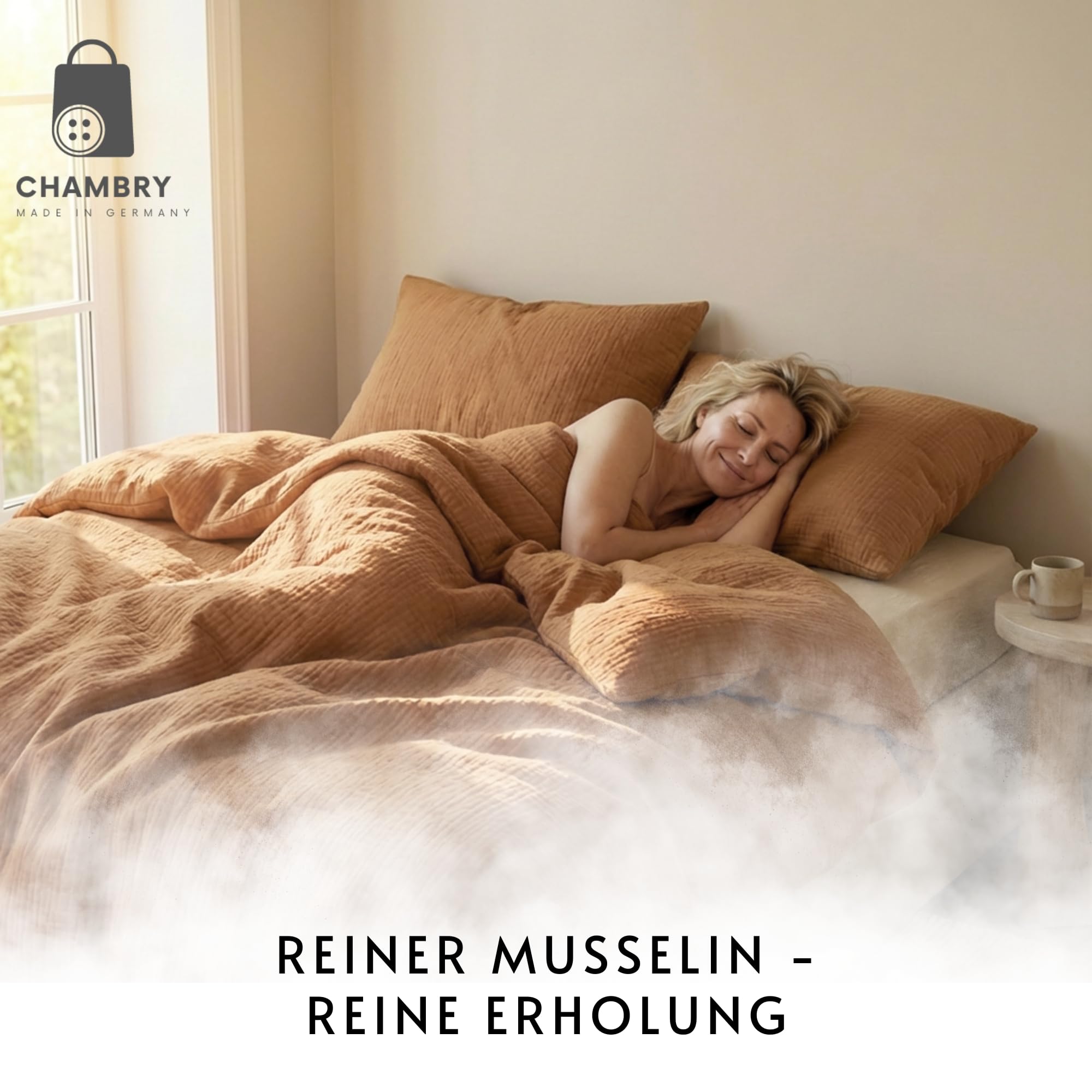 chambry Musselin Bettwäsche 100 % Baumwolle - handgefertigt in Deutschland - atmungsaktiv temperaturausgleichend bügelfrei - Bettbezug 135x200cm + Kissenbezug 80x80cm - Caramel