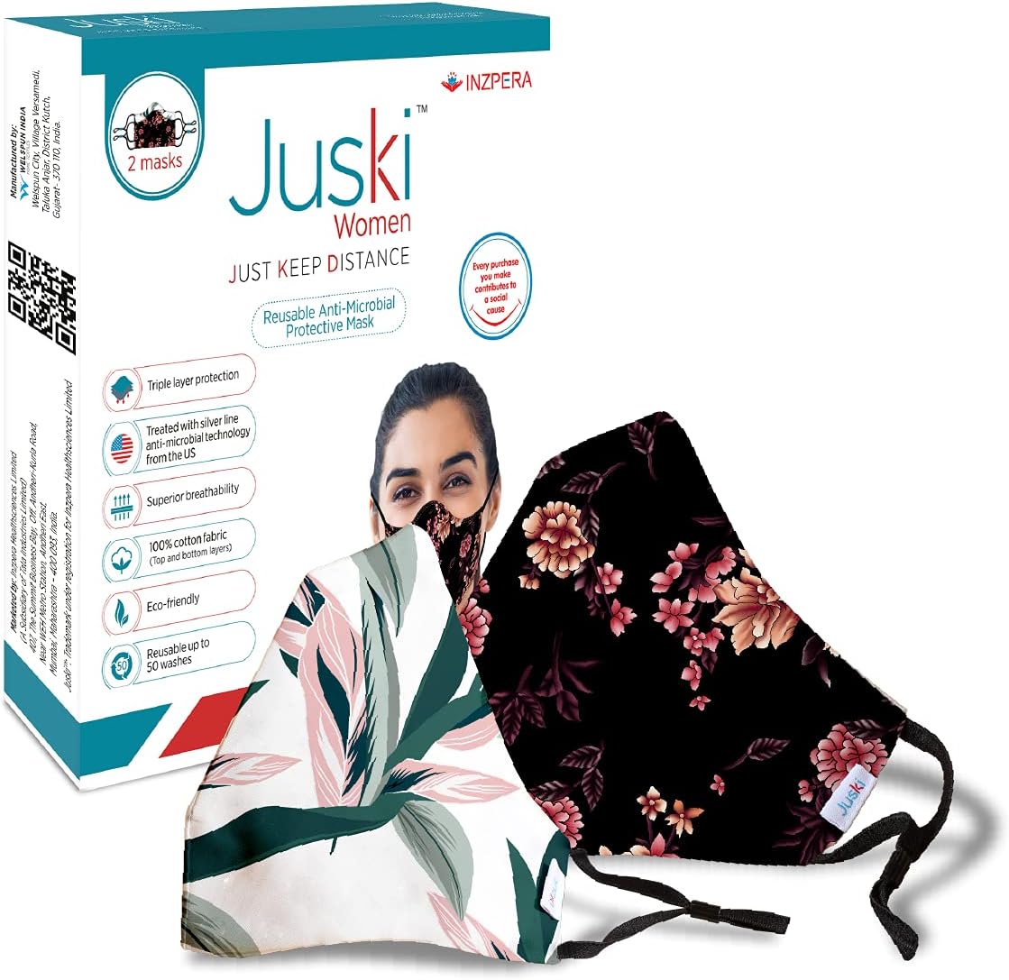 Juski Reusable 3-layer Anti-microbial Cotton Protective Mask with Adjustable Ear Loops For Women (Pack of 2, White and Black Print)