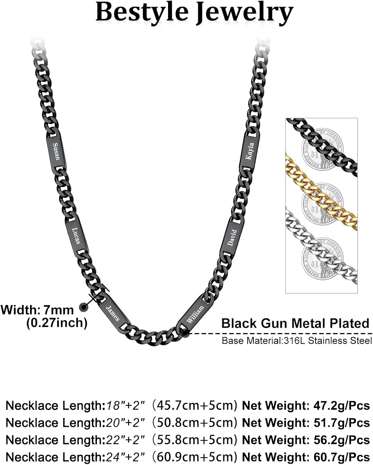 Bestyle Personalized Name Necklace for Men Women,Multiple Custom Name Necklace Family Necklace Customized 5mm/7mm Cuban Link Chain 16-24 Inches Personalized Jewelry