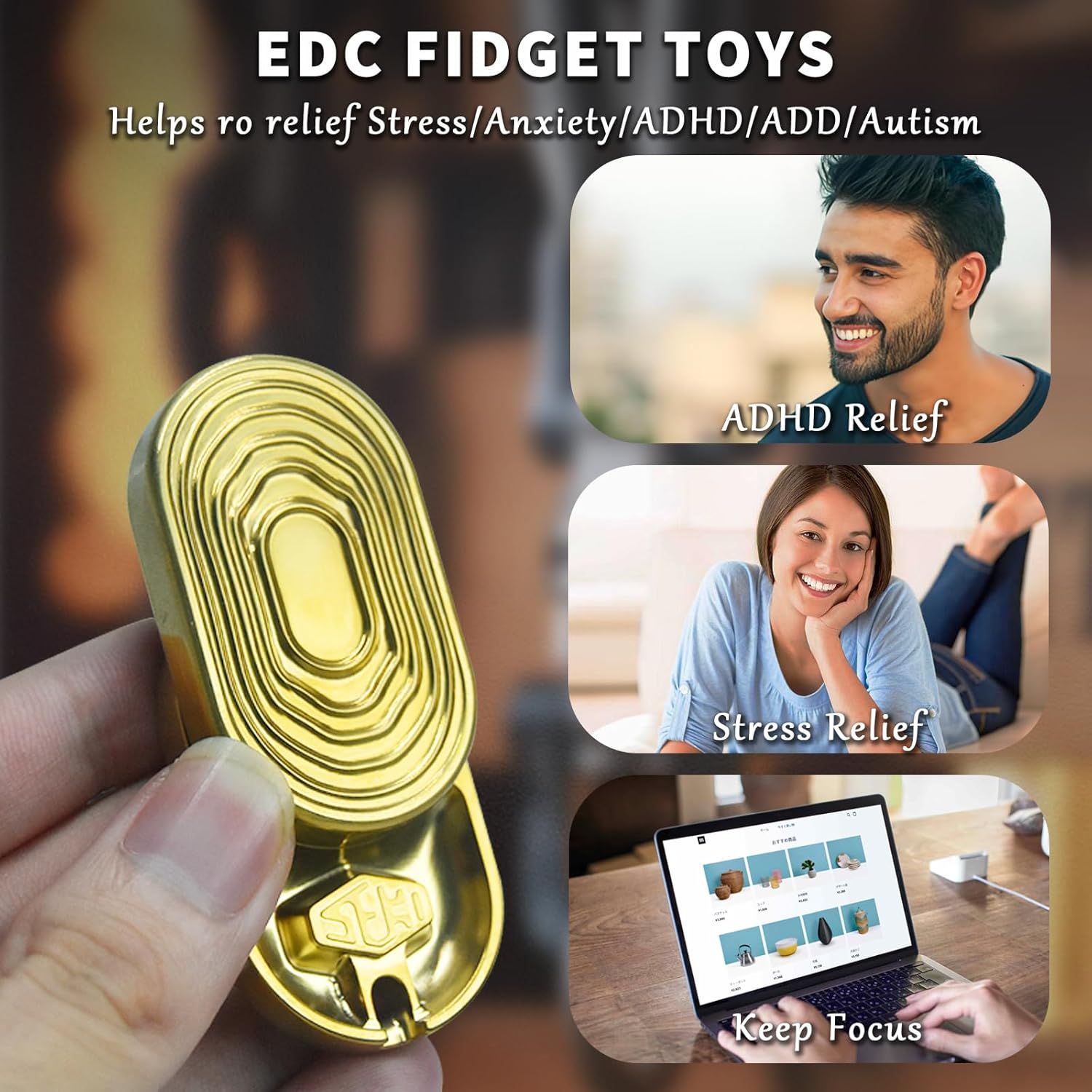 Ripple Mechanical Fidget Slider, Stainless Steel EDC Fidget Toys Adults Stress Relief Toy for ADD/ADHD, Executive Desk Toys for Keep Focus & Anxiety Relief, Cool Gadgets for Men (Gold)