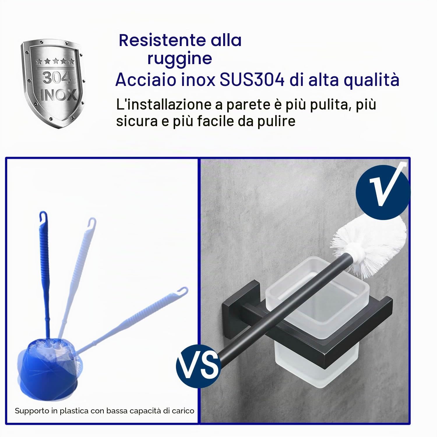Scopino WC e supporto da parete con supporto, nero, acciaio inossidabile 304 e vetro opaco per bagno