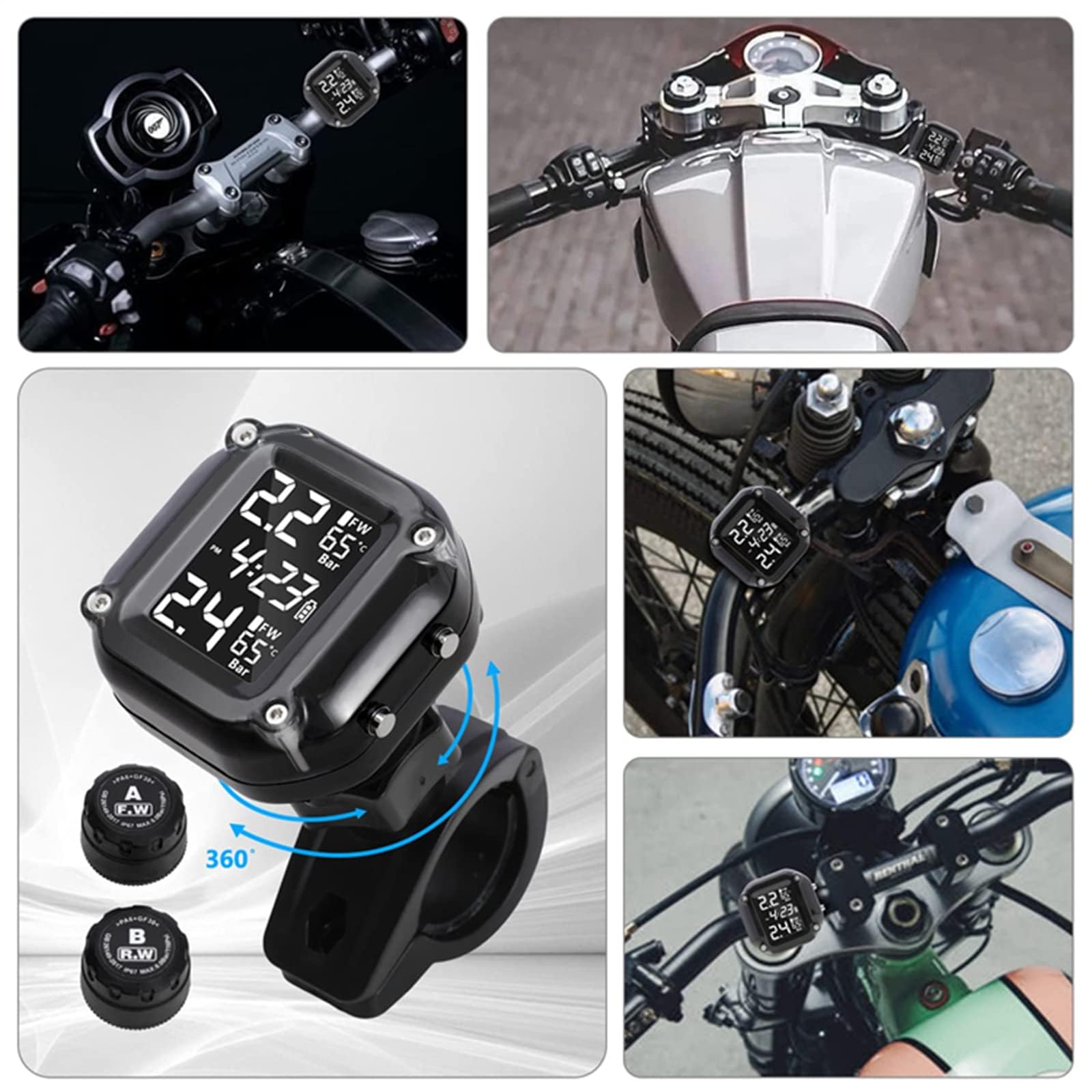 TPMS wireless per moto, 2 sensori esterni con display LCD, ricarica magnetica e allarme automatico per moto, e-bike e scooter