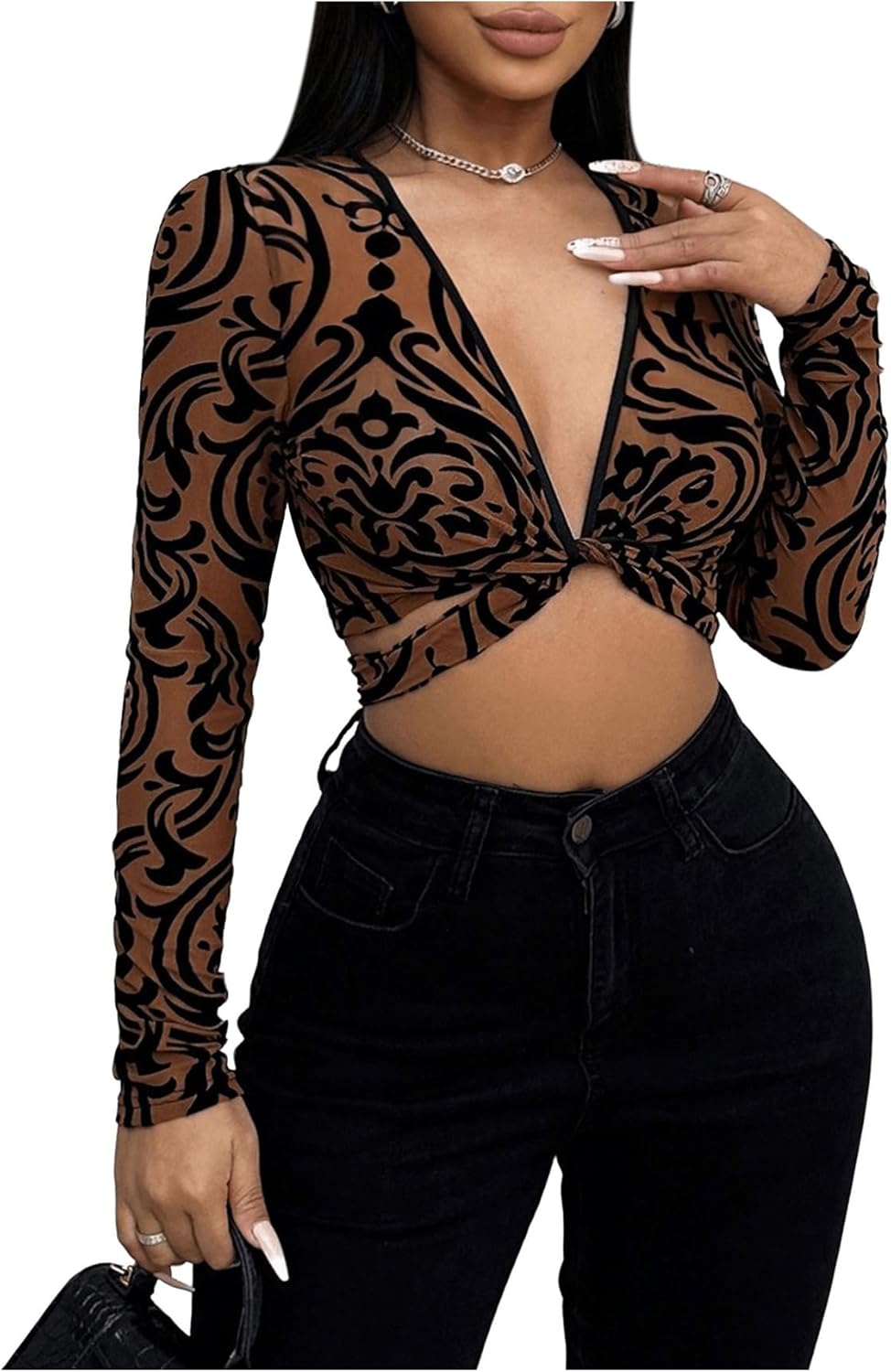 SHENHE Women's Deep V Neck Twist Front Tie Back Long Sleeve Sexy Date Night Crop Top