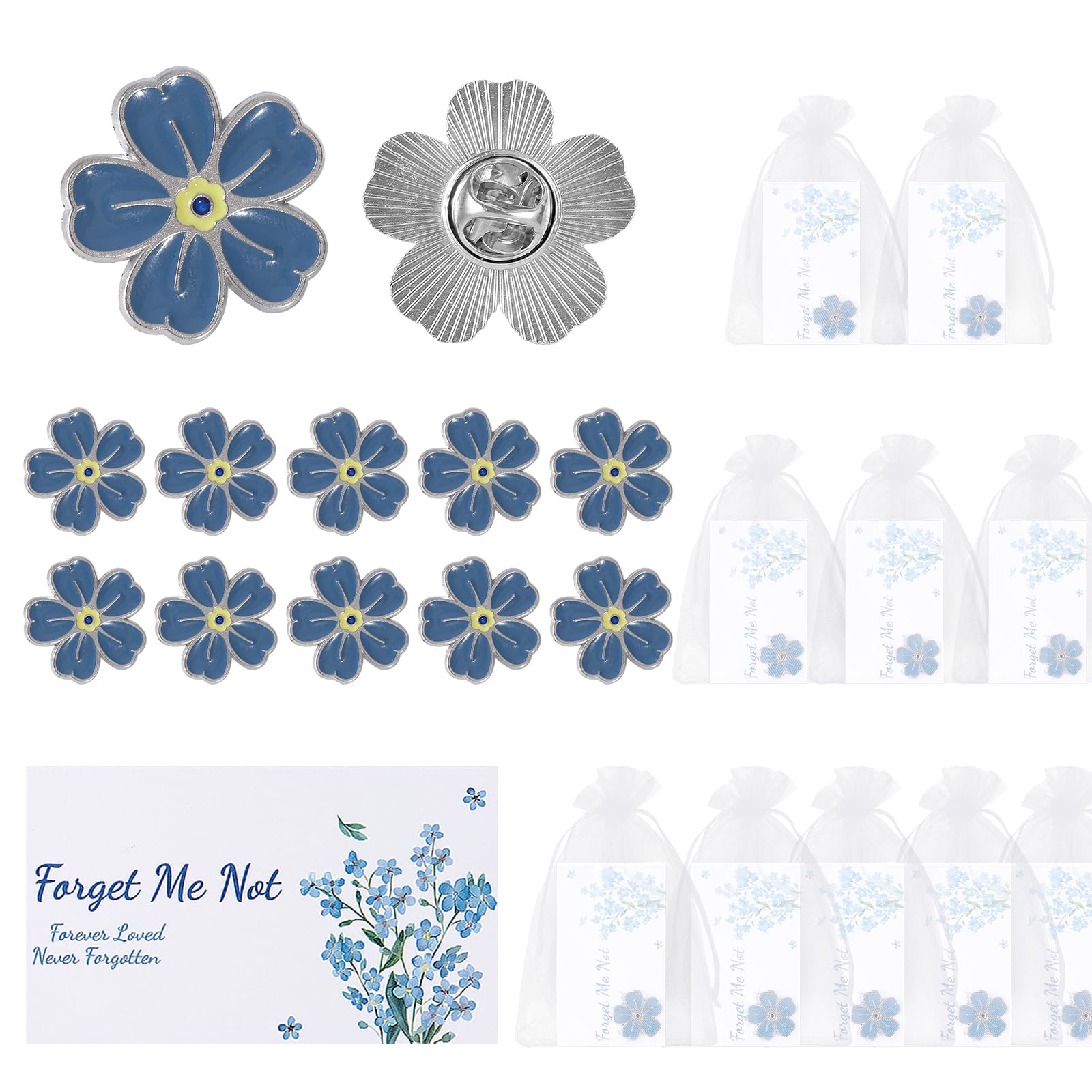 Yuecda Memorial Pins Bulk Celebration of Life Funeral Favors Includes Forget Me Not Flower Lapel Pin Brooches Memorial Poem Cards Organza Bags Memorial Gift for Loved Ones
