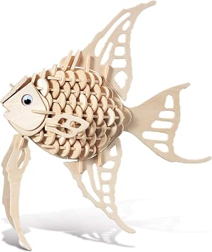 Puzzled Angel Fish 3D Woodcraft Jigsaw Construction Puzzle Kit - 130 Pieces | Fun Educational DIY Wooden Toy Assemble Model Unfinished Crafting Hobby Puzzle to Build and Paint for Decoration and Crafts