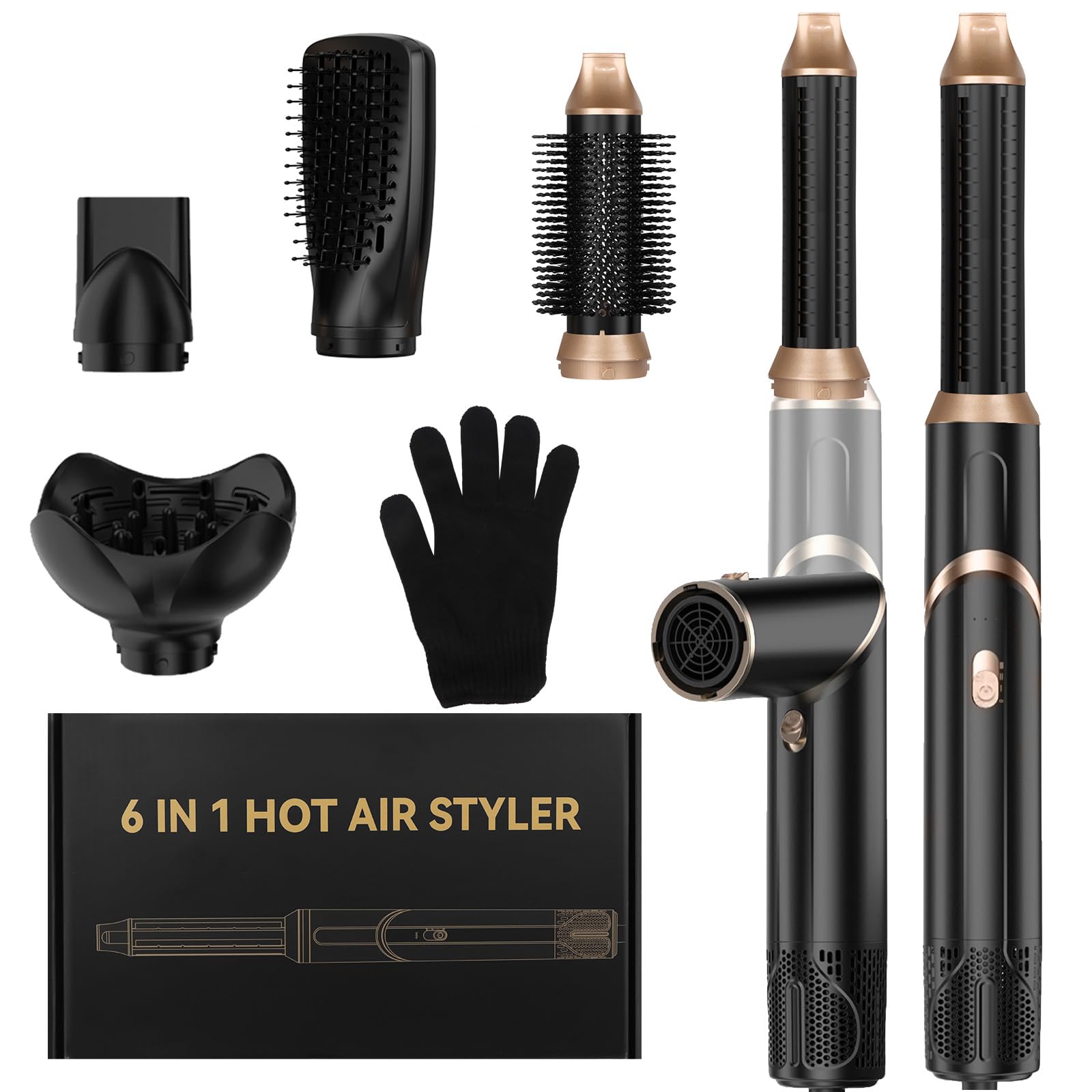 6 in 1 Hairstyler, Professioneller Föhnbürste Haarstyler, Hair Styler Set mit Auto Luft Links/Rechts, Föhn Ionen, Wärmebürste, 1000w, Multi Airstyler für Trocknen, Glätten & Locken (Schwarz 6 in 1)