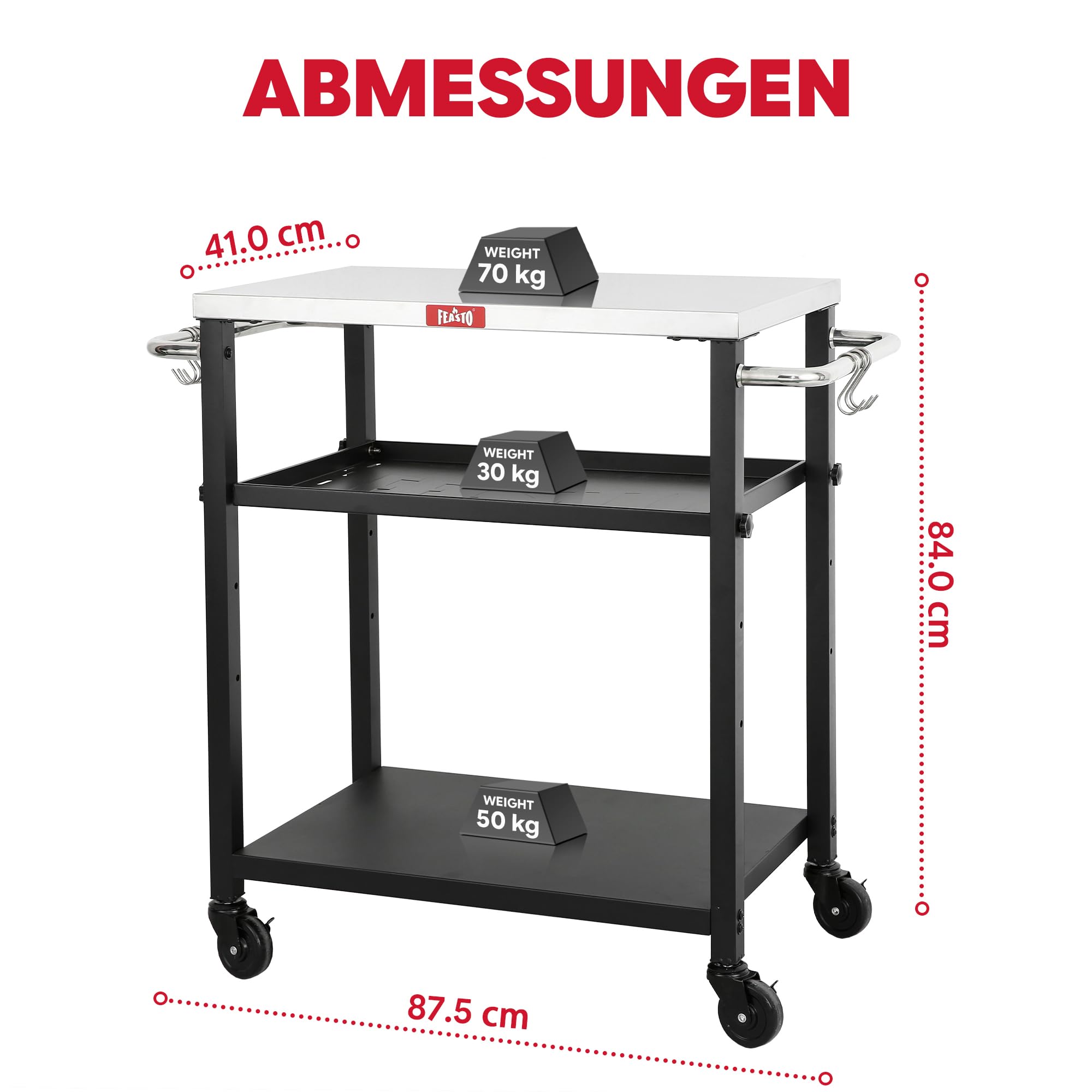 Grillwagen Outdoor Grilltisch Outdoor wetterfest Pizzatisch Servierwagen | 87,5x41x84cm mobile outdoor-Küche mit Edelstahlplatte, höhenverstellbarer Mittelregal, für Terrasse, Küche