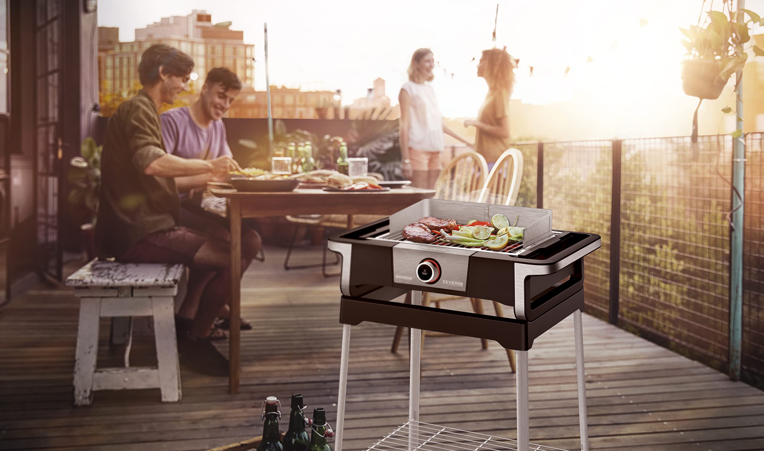 SEVERIN SENOA DigitalBOOST S - Barbecue elettrico con supporto, con avvio rapido fino a 500 °C, per balcone con superficie SafeTouch, in acciaio inox/nero, PG 8118