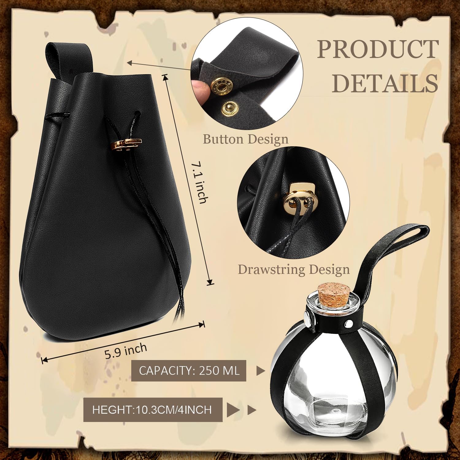 5 PCS Belt Pouch Waist Bag Retro Medieval Viking Leather Belt Magic Potion Bottle Renaissance Halloween Cosplay Costume Sets (Black) - Image 4
