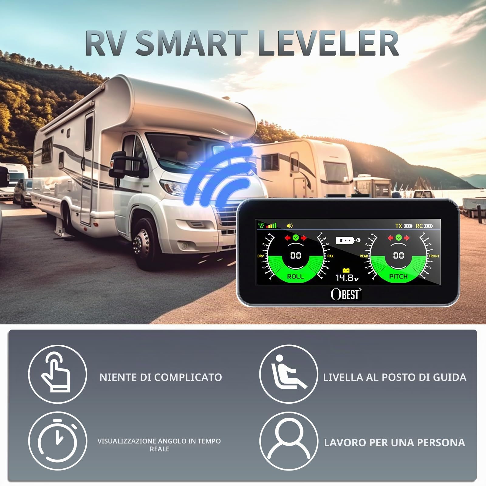 OBEST RV Leveling System, Sistema di livellamento Camper, livellatori Caravan, Connessione wireless senza app, Sistemi di Livellamento per Roulotte e Rimorchi, bilanciamento Accessori Universale