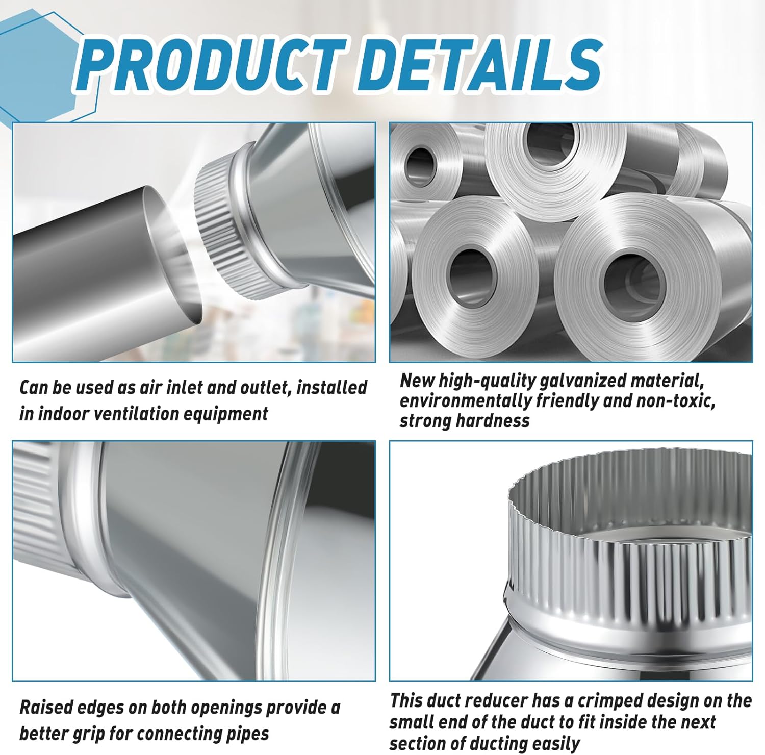 7 Inch to 4 Inch Duct Reducer Increaser Galvanized Steel Air Duct Adapter Round Crimped Pipe Connector Fitting Coupling for HVAC Ventilation Systems