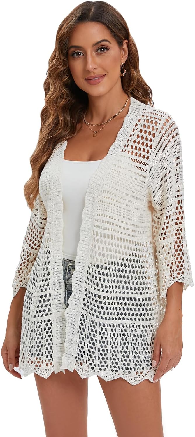 Crochet Cardigan for Women 3/4 Sleeve Open Front Lightweight Lace Boho Cover Up - Image 3