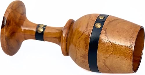Cáliz de vino de madera con correa de cuero negro – Cáliz vintage para agua, cerveza, bebidas | Vasos rústicos únicos para decoración de cocina y