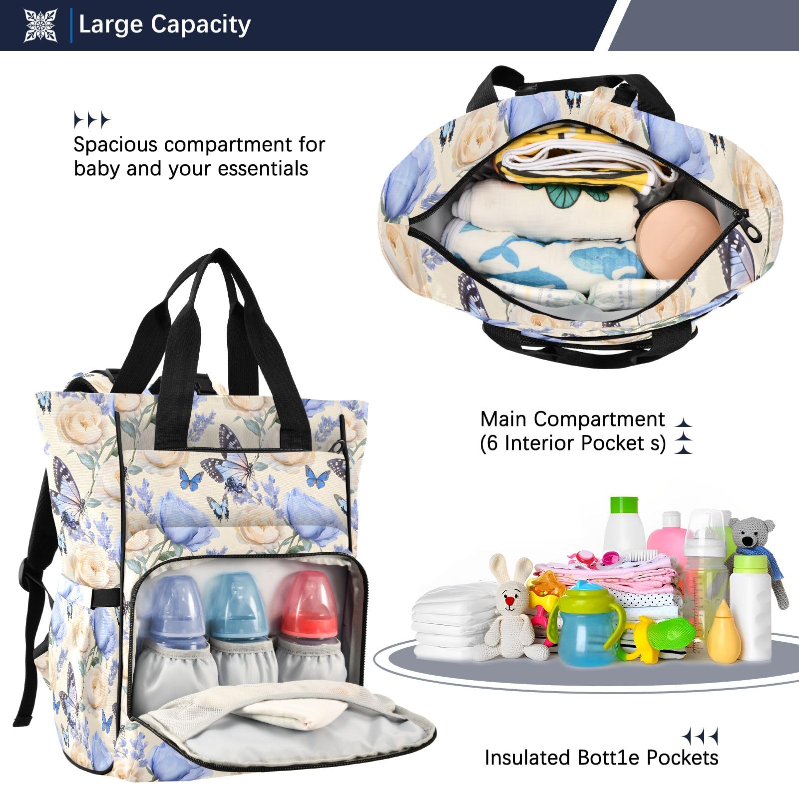 Mnsruu Blue Butterfly Rose Pattern Baby Diaper Bag Zaino Grande Borsa Impermeabile Viaggio Pannolino Borse per Mamme e Papà