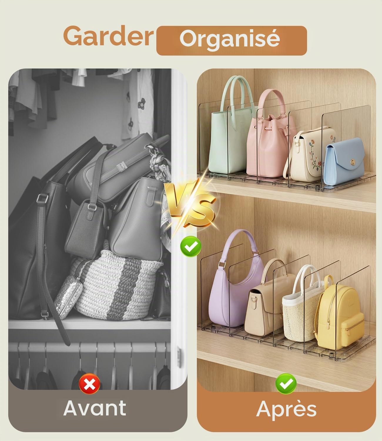 Lot de 10 Rangement Sac à Main, Organisateur Sac à Main en Acrylique Transparent, Separateur Etagere D'étagères Réglables avec Base Rainurée pour Chambre, Cuisine, Bureau, Salle de Bain