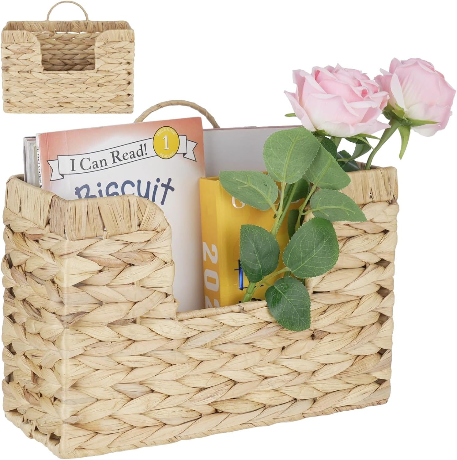 Water Hyacinth Wall Magazine Organizer, Woven Storage Basket with Metal Frame, for Home Office