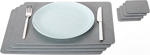 Nikalaz Juego de 4 manteles individuales pequeños y 4 posavasos, manteles de mesa hechos en Europa de cuero reciclado, manteles individuales de 15.7