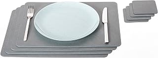 Nikalaz Set 4 Small Placemats and 4 Coasters, Table Mats Made in Europe Recycled Leather, Place Mats 15.7 x 11.8 inches and Coasters 3.9 x 3.9 inches (Dirty Grey)