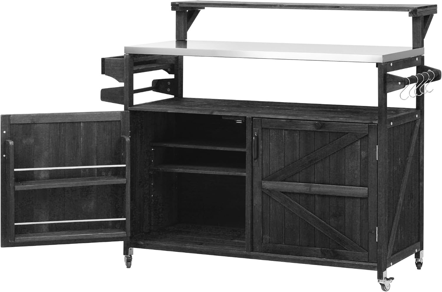 53.3" Farmhouse Outdoor Kitchen Island with Adjustable Shelf and Storage Cabinet, Rolling Grill Cart with Stainless Steel Top, Internal Storage Rack and Spice Rack, Black