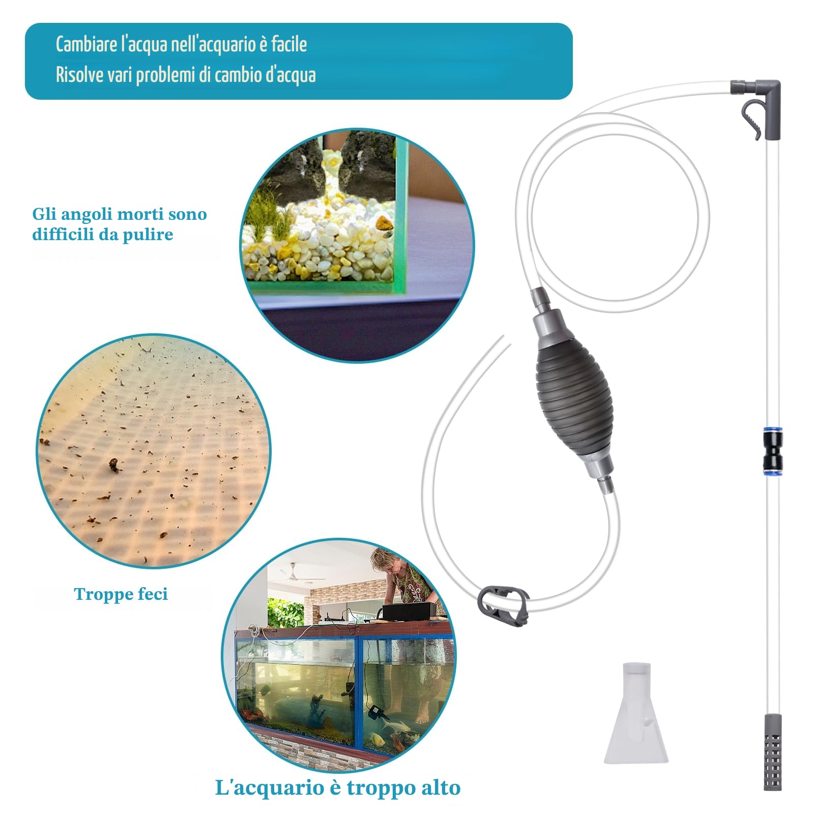 CONNECTION 7 Pezzi Aspiratore Acquario 2.2M Pompa Pulizia Acquario Sifone Acquario Cambio d'Acqua per Acquario Aspirarifiuti Acquario Pulitore Acquario per Pulizia della Sabbia Cambio dell'Acqua